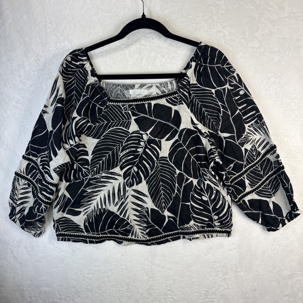 Cropped European Flax Linen Shirt Women M Black White Palm Leaf Boxy Boho